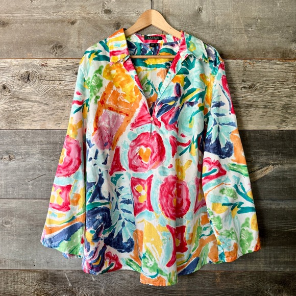 Lauren Ralph Lauren Tops - Lauren Ralph Lauren Floral Watercolor Cotton Popover Top 3X Multi Light Flowy
